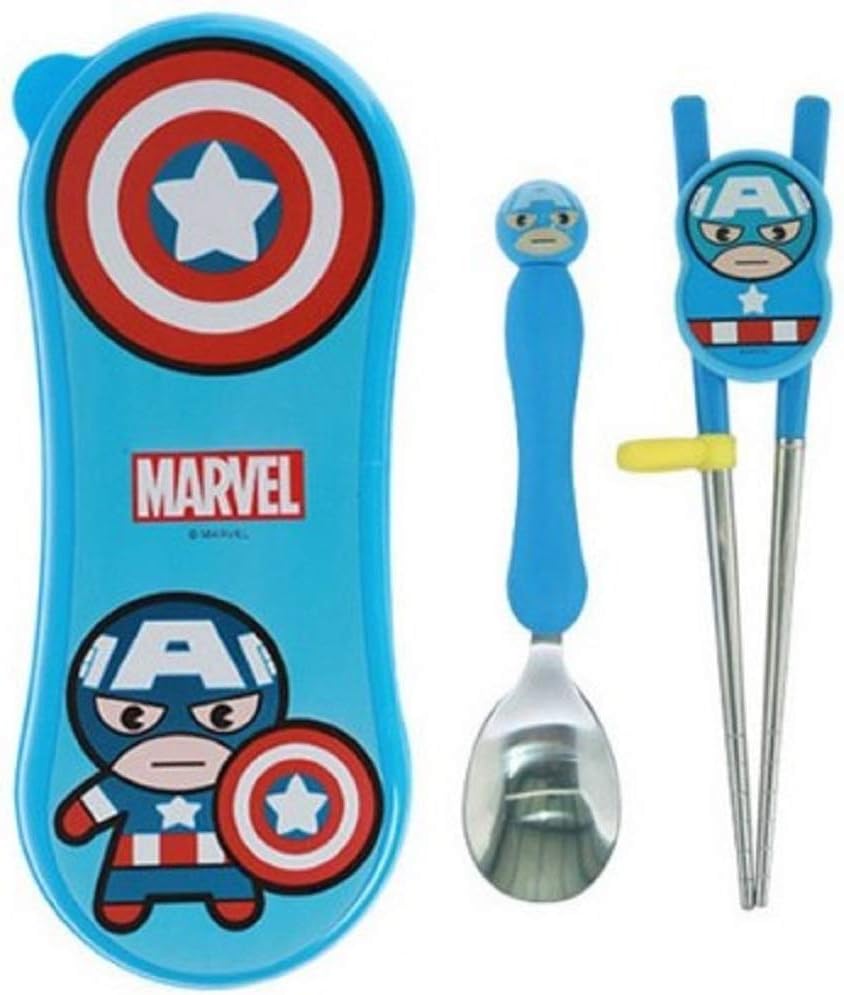 Marble Captain America Children Training Chopstick + Spoon + Wide Case Set
