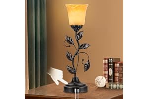 Modxian Vintage Bedside Touch Control Table Lamp 3 Way Dimmable, Amber Glass LED Reading Nightstand Light with 2 USB Charging