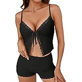 KIFOVEN Women’s Pajamas Set 2 Pieces Cami Crop Top Shorts Pjs Lace Trim Tie Front Sleepwear Lingerie Set