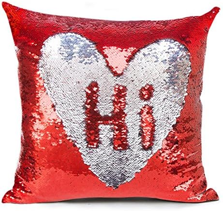 Reversible Sequin Pillow Case Decorative Mermaid Pillow Cover Color Changing Cushion Throw Pillowcase 16” x 16” ,Red and Silver
