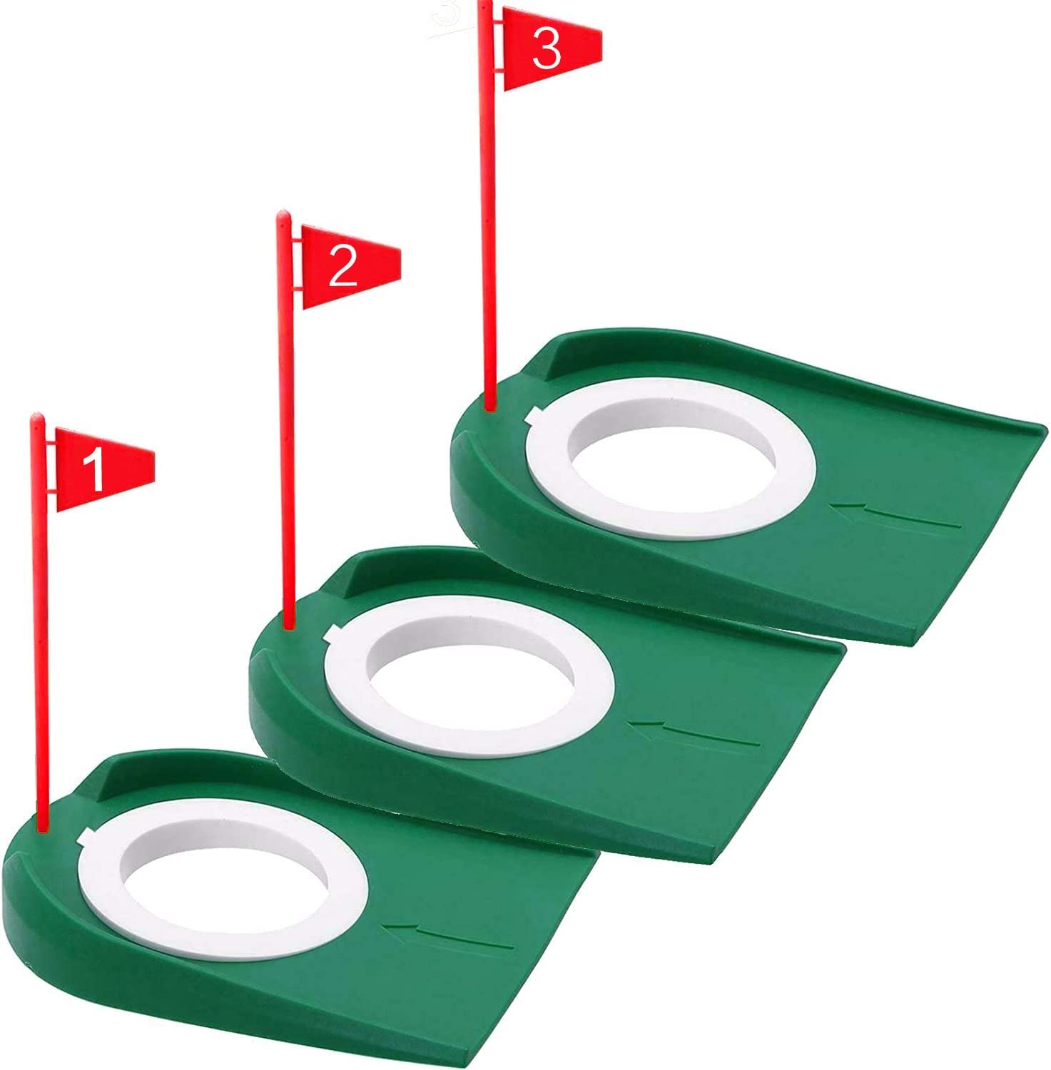Golf Putting Cup and Flag Putt Training Hole All-Direction Surface Regulation Practice Cups for Men Women Kids Indoor Outdoor Home Office Backyard Golfing (3 Pcs Green Cup with Red Flag)