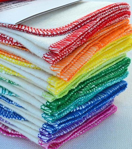 2 Ply Organic Flannel Washable Baby Wipes -10 Pack - Little Wipes (R) - GOTS Certified Flannel - Sewn with Rainbow Colors Thread