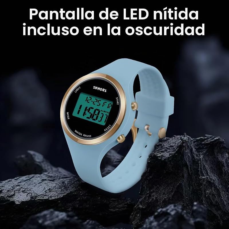 Relógio feminino com bracelete de silicone, relógios desportivos LED, relógios digitais para mulheres com mostrador luminoso, relógio de pulso exterior para raparigas (azul celeste)
