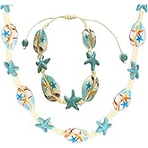 COLORFUL BLING Natural Shell Necklace Bracelet Anklet Set Handmade Seashell Turtle Starfish Adjustable Pearl Choker Necklace for Women Summer Boho Hawaii Beach Holiday Jewelry