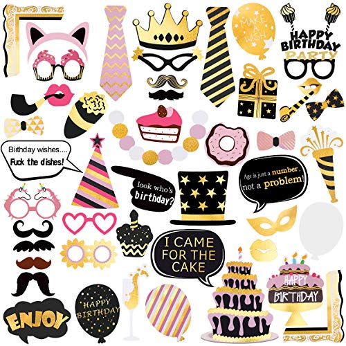 Unomor Birthday Photo Booth Props, Bronzing Rose Gold and Black Funny Happy Birthday Party Favors Supplies Photobooth Props Kit 48Pcs/Pack