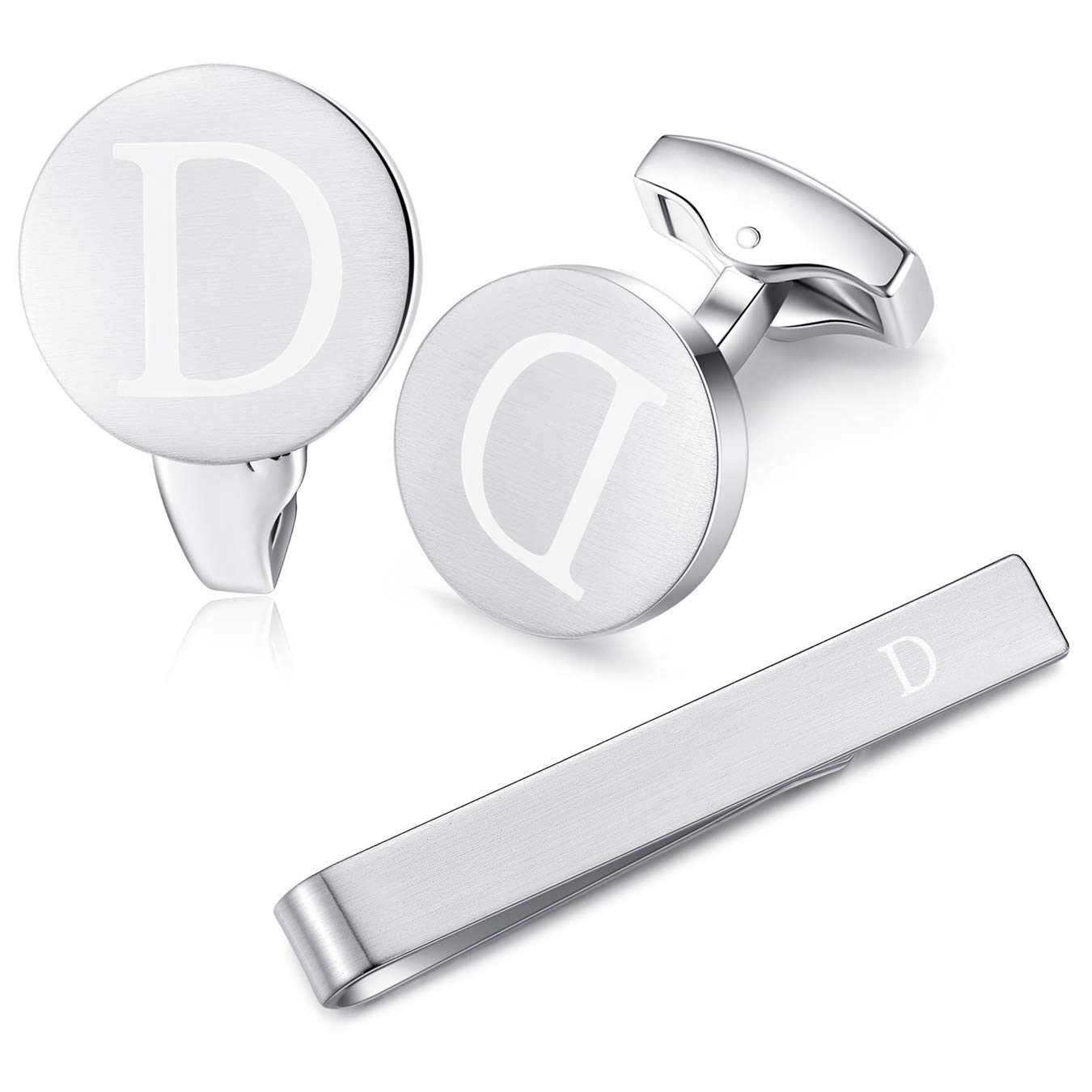 HONEY BEAR Initial Alphabet Letter Cufflinks Skinny Tie Clip Set for Mens Shirt - Round Stainless Steel, for Skinny Narrow Tie Business Wedding Gift,Brushed Silver,4cm (D)