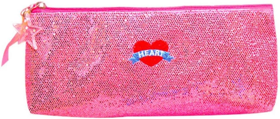 Shiny Heart Sequins Pencil Case - Bitsogoom Glitter Sparkly Pencil Storage Embroidered Cosmetic Bag Pouch(Pink)