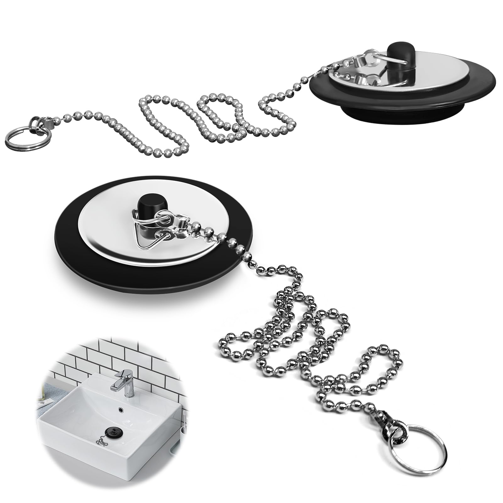 QINCINA 2 Pcs Universal Sink Plug, Black Rubber, 43mm, 23mm, Kitchen & Bathroom Sink Plug Replacement, 40cm Stainless Steel Chain (2 Pack)