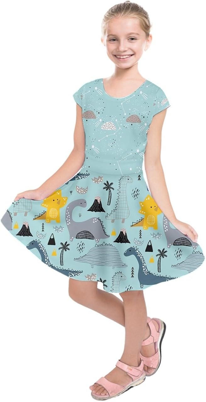 PattyCandy Little & Big Girl's Cute Fashion Frizzle & Floral Dinosaur Kids Short Sleeve Dress, Size:2-16