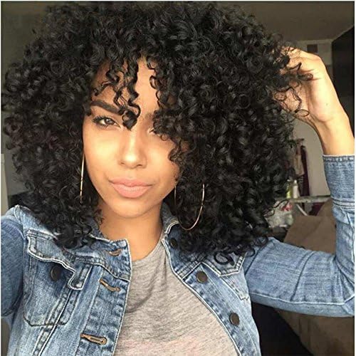 TINY LANA Afro Hair Wigs Short Kinky Curly Synthetic Full Wigs for Black Women Jet Black+ Free Wig Cap
