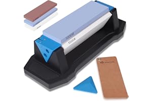 Wanttik Knife Sharpening Stone, 3 Sides Grit 400/1000/5000, Whetstone Knife Sharpener with Non-Slip Base, Angle Guide & Leather Strop, for Kitchen Knives and Pocket Knives and More