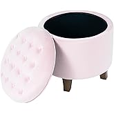 HomePop by Kinfine Fabric Upholstered Round Storage Ottoman - Velvet Button Tufted Ottoman with Removable Lid, Pink, Small