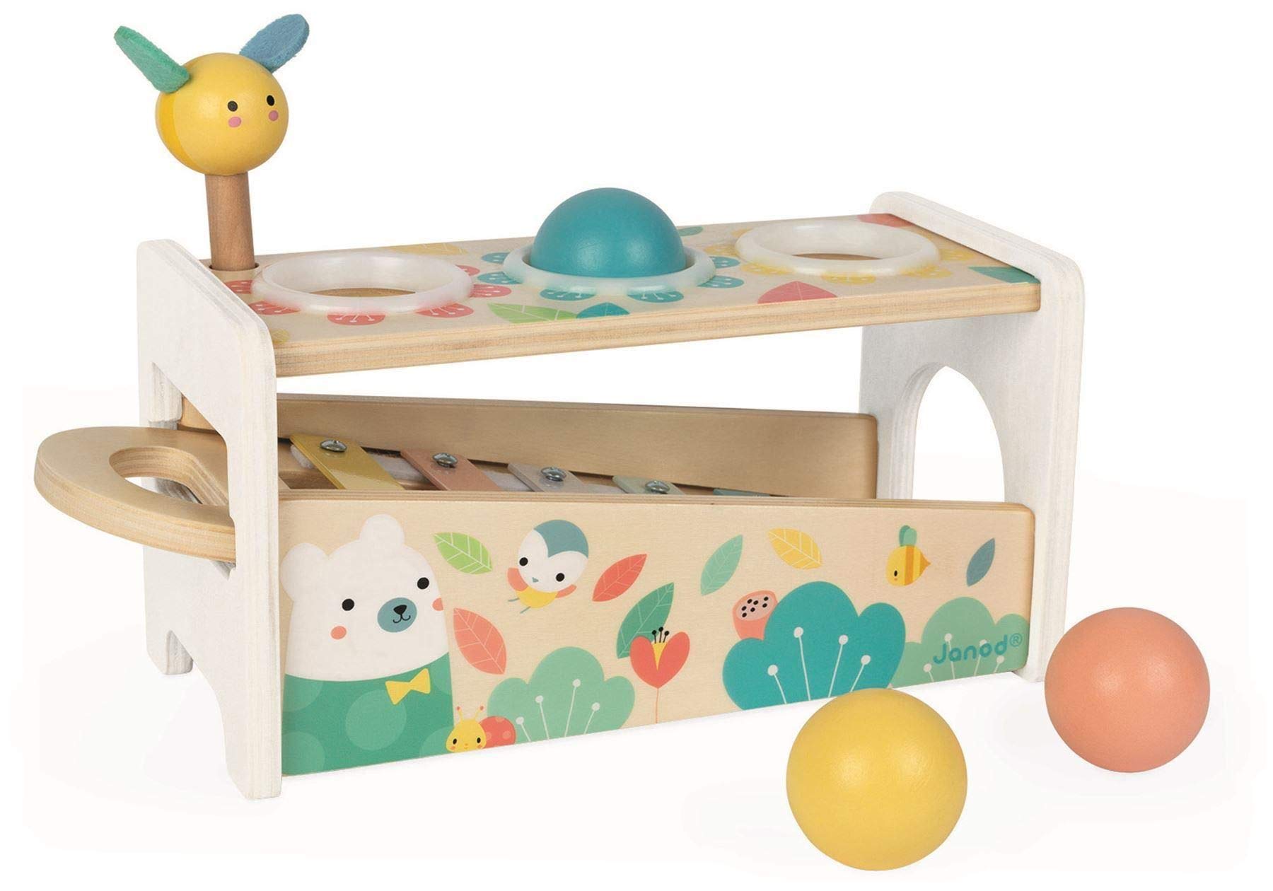 Janod - Wooden Taptap Xylo - 2-in-1 Baby Early Learning Toy with Taptap + Xylophone - Includes Hammer + 3 Balls - Develops Fine Motor Skills - FSC Wooden Toy - From 12 Months