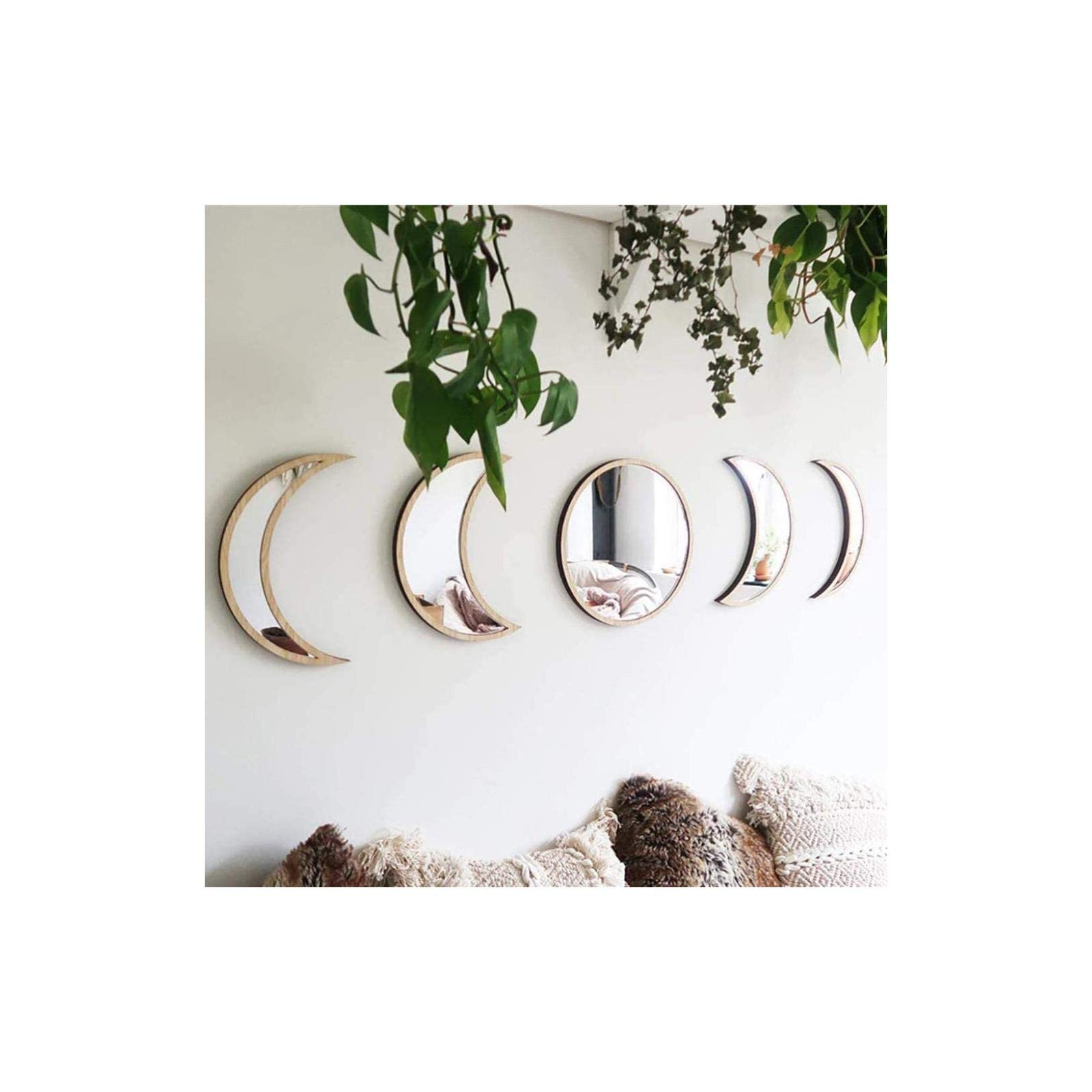 Delaspe Moonphase Mirror 5Pcs Decoration Mirrors Acrylic Home Interior Design Wooden Bohemian Wall Decoration