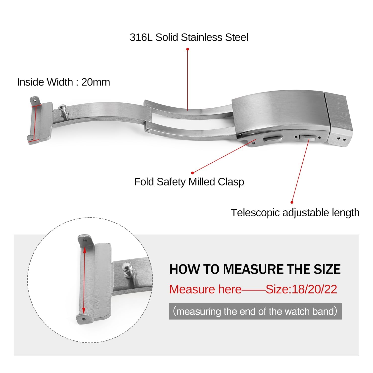 TACTICAL FROG Watch Clasps Stainless Steel Watchband Milled Clasp Folding Deployment Clasp Replacement for Watch Strap 16 mm 18 mm 20 mm 22 mm