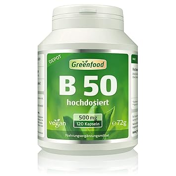 B 50, alle Vitamine der B-Gruppe, hochdosiert, Depot, 120 Kapseln – mit einem Anteil an B-Vitaminen aus natürlicher Quelle. O