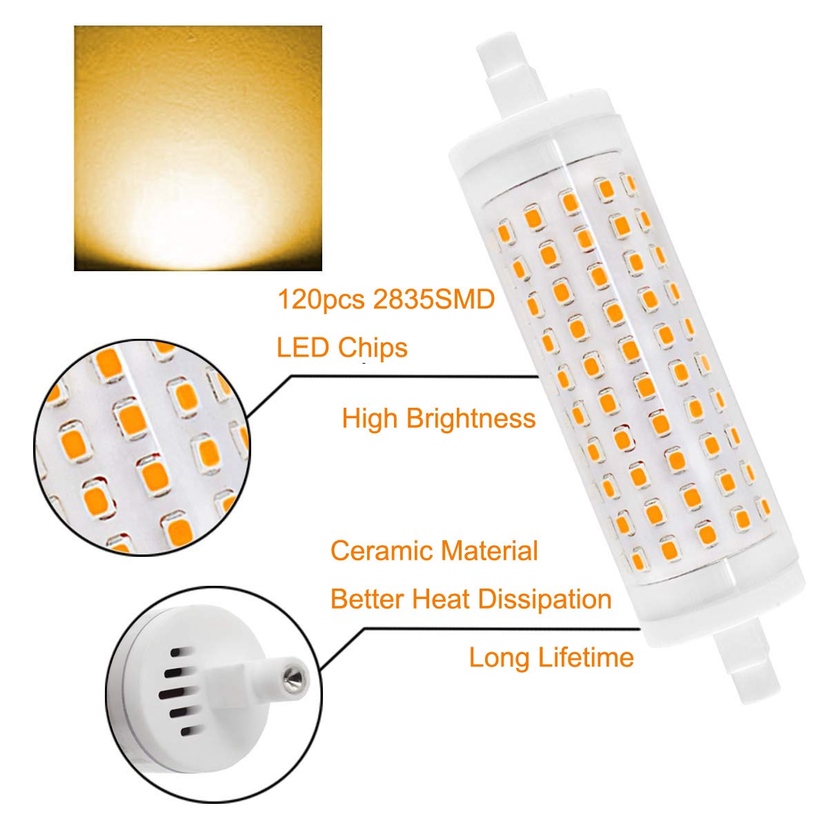 AscenLite R7s Bombilla LED 15W, 118mm, 3000K, Equivalente a Halógeno, Luz Blanca Cálida