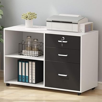 Tribesigns 3 Drawer Wood File Cabinets With Lock Large Modern Lateral Mobile Filing Cabinets Printer Stand With Wheels Open Storage Shelves For Home Office White With Lock Amazon Co Uk Kitchen Home