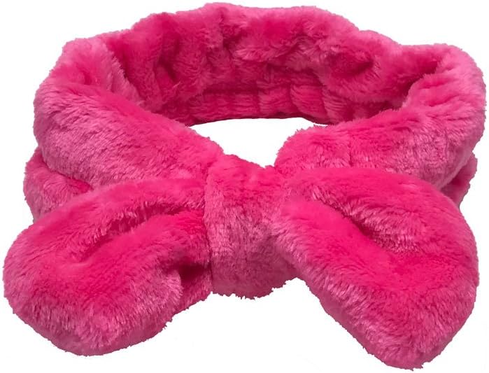 Soft Facial Headbands Pretty Hair band for Washing face Mask Spa (Hot-pink ribbon)