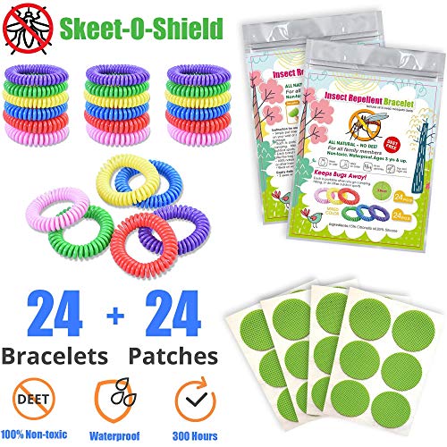 48 Pack - 24 Mosquito Repellent Bracelets + 24 Mosquito Repellent Patches - 100% Non-Toxic & All Natural, Waterproof, DEET Free, Citronella - Safe for Adults, Kids, Toddlers, Babies, and Pets