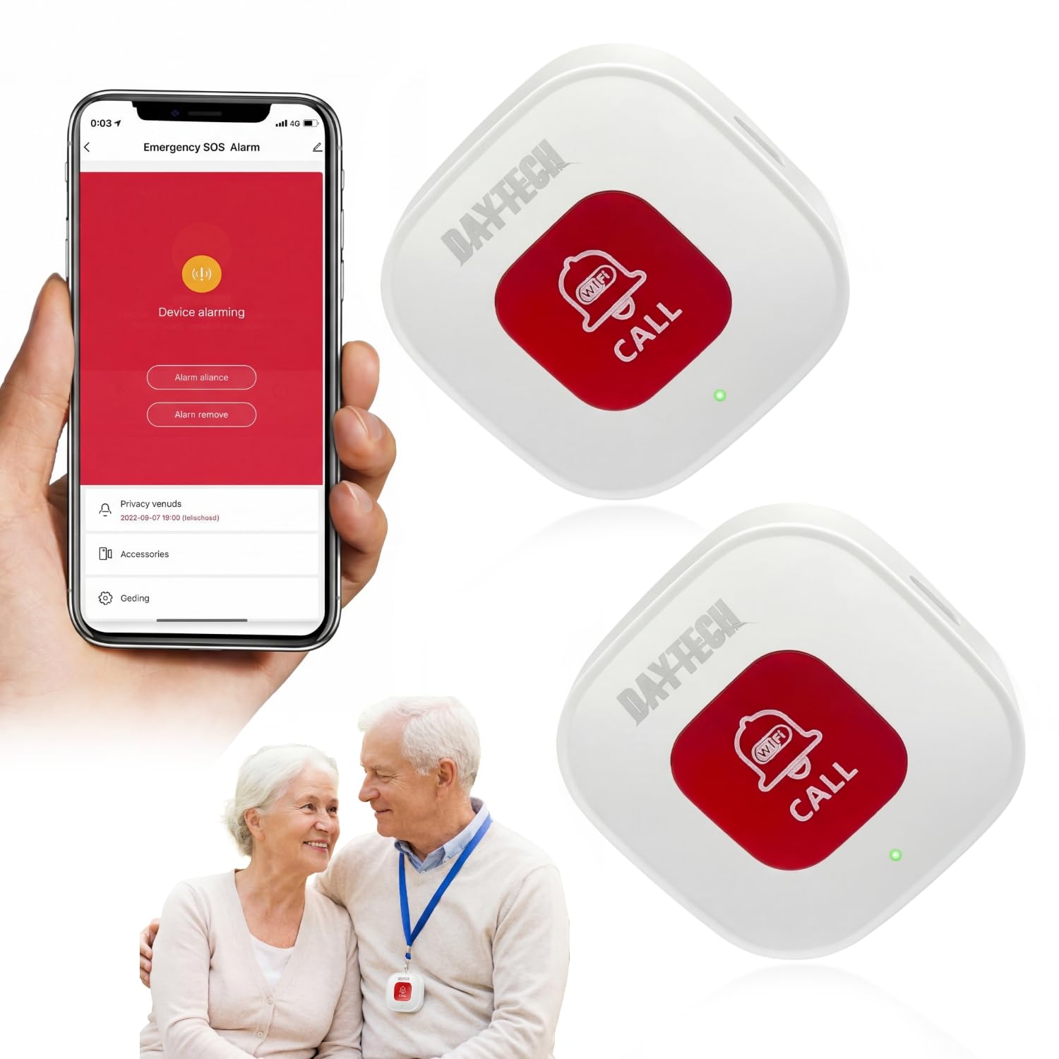 DAYTECH Tuya WiFi Smart Rechargeable Call Button Alarm, Wireless Fall Alarm for Elderly,Personal Alarms for Elderly Disabled Handicapped, Emergency Call Button, Supports 2.4GHz Wi-Fi, NO FEES 2 PACKS — image 1