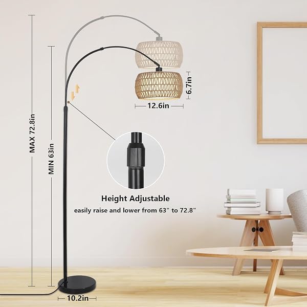 ARC FLOOR LAMPS FOR LIVING ROOM WITH 3 COLOR TEMPERATURES, BLACK STANDING LAMP WITH REMOTE & DIMMABLE LED BULB, RATTAN BOHO FLOOR LAMP, FARMHOUSE TALL LAMP FOR BEDROOM, OVER COUCH ARCHED READING LIGHT