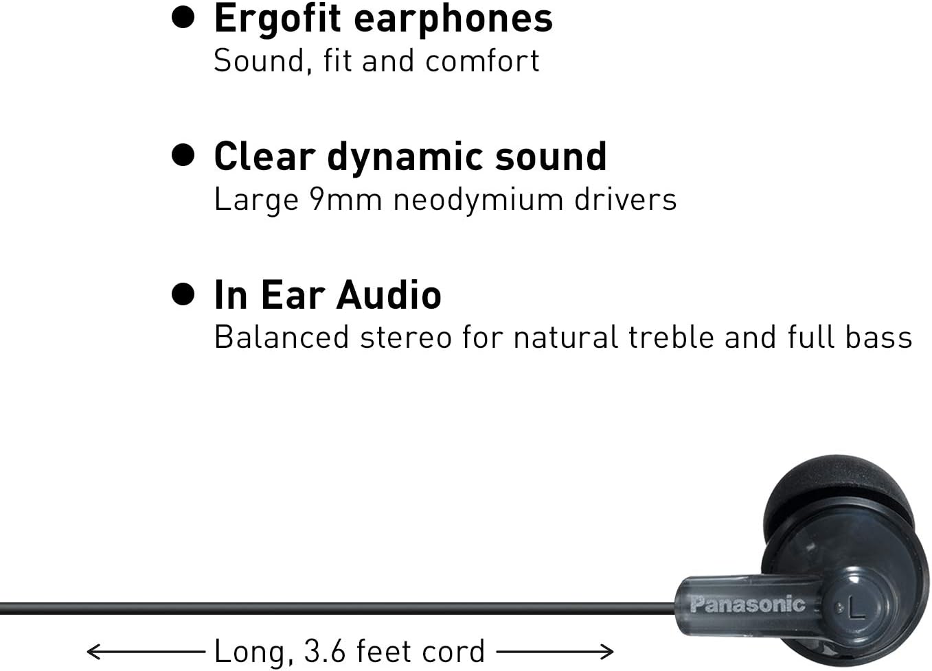 Panasonic ErgoFit In-Ear Earbud Headphones RP-HJE120K Dynamic Crystal-Clear Sound, Ergonomic Comfort-Fit, 9mm, Black: Home Audio & Theater