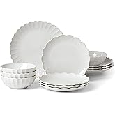 Lenox Stoneware Dinnerware Sets, French Perle Scallop 12-Piece Dinnerware Set for 4, Service For 4, Dishwasher Safe Dishware, White Dishes Set, Stoneware Dinner Plates and Bowls Sets (White, 12 Piece)