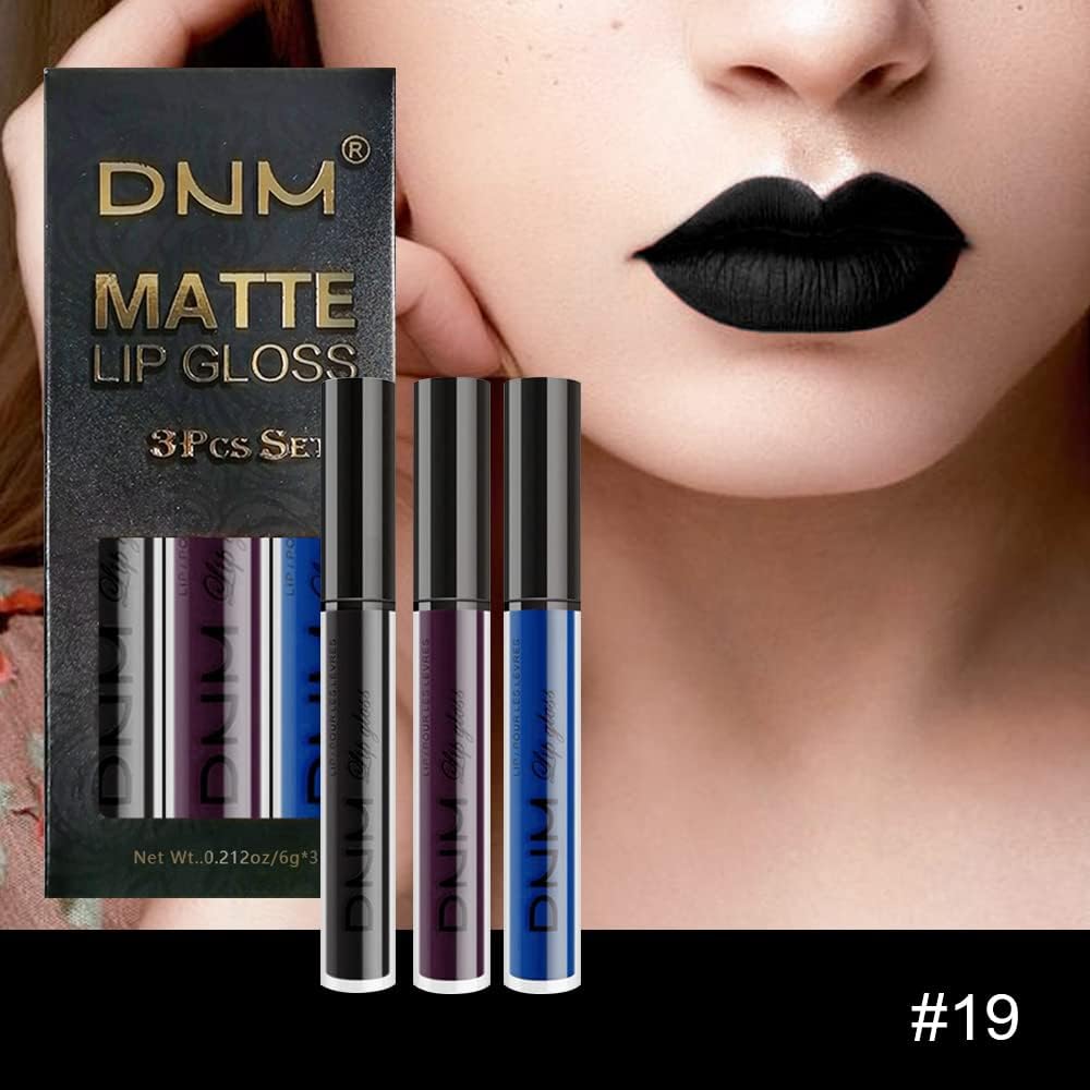 evpct 3Pcs Dark Black Purple Blue Matte Liquid Lipstick Halloween for Women Long Lasting Smudge Proof Black 24 Hours Original Lip Liner and Lipstick Stain Makeup Set labial mate larga duracion 24