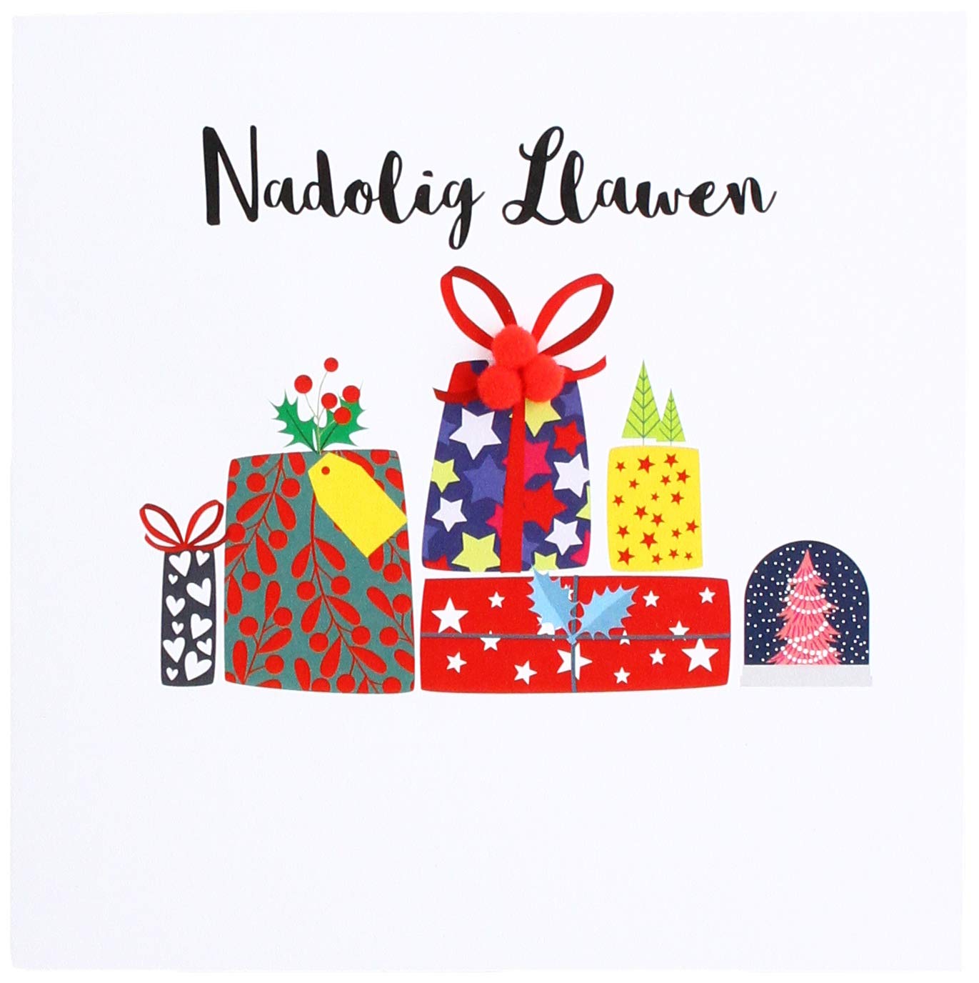 Claire Giles Greeting Cards, Welsh Happy Christmas Card, Nadolig Llawen, Pile of Presents Design Welsh Language Xmas Greeting Card, Embellished with Colourful Pompoms