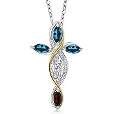 Cross Necklace For Women In 925 Silver and 10K Yellow Gold Lab Grown Diamond and London Blue Topaz and Garnet | 1.52 Cttw | Jesus Christian Religious Crucifix | Marquise Cut 8X4MM | 18 Inch Chain