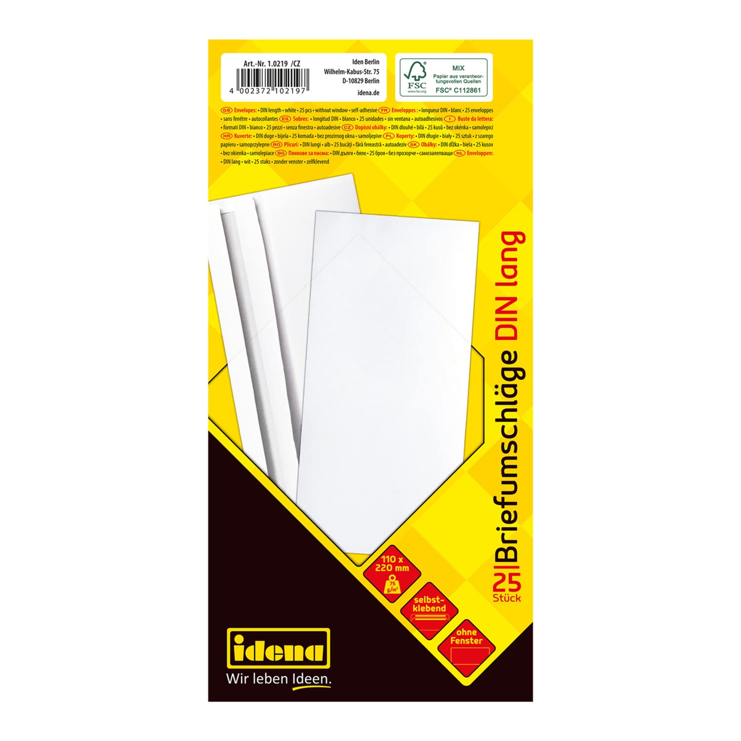 IDENA 10219 Envelopes Without Windows Press Seal DL, 75 g/m², Pack of 25 FSC Mix, White