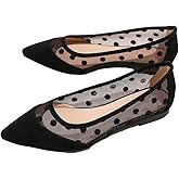 BEAUDRM Women's Polka Dots Ballet Flats Fashion Mesh Pointed Toe Slip on Flat Shoes