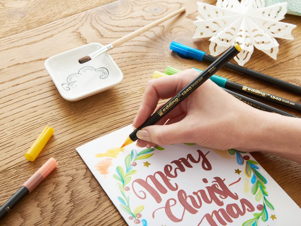 edding 1340 Metallic Brush Pen - Christmas Set - 4 Pens - Flexible Brush Nib 1-6 mm - Metallic Marker for Labelling, Drawing and Sketching - High Coverage Even on Dark Paper