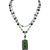 MINACHI Boho Layered Necklace with Green Aventurine-Toned Pendant, Handmade Beaded Chain Jewelry, Vintage Hippie Necklace for Women