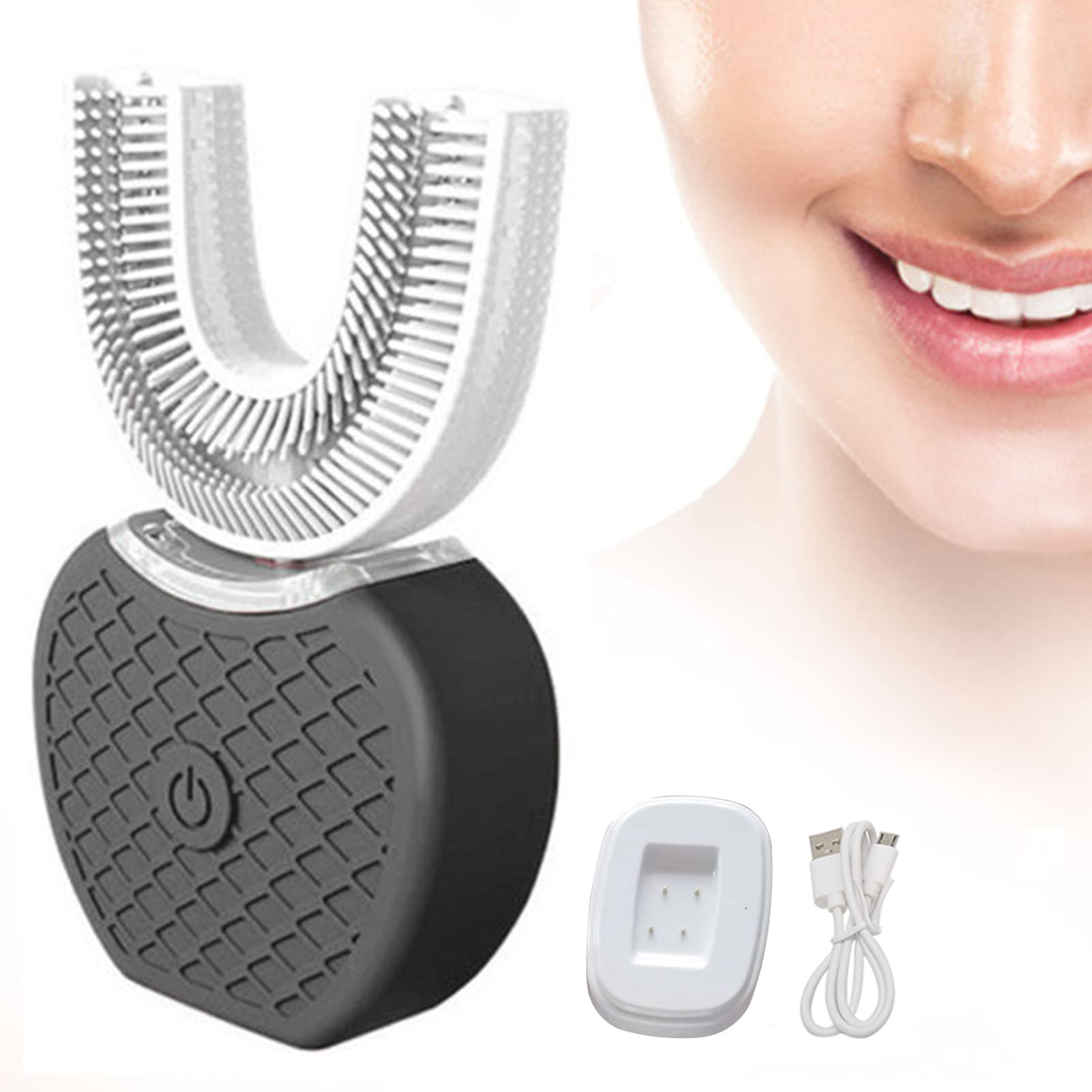 MOVKZACV Ultrasonic Toothbrush, Electric Toothbrush Adults - Ultrasonic U-Shaped Toothbrushes for Teeth Whitening - 360° Mouth Cleansing - Rechargeable - Black