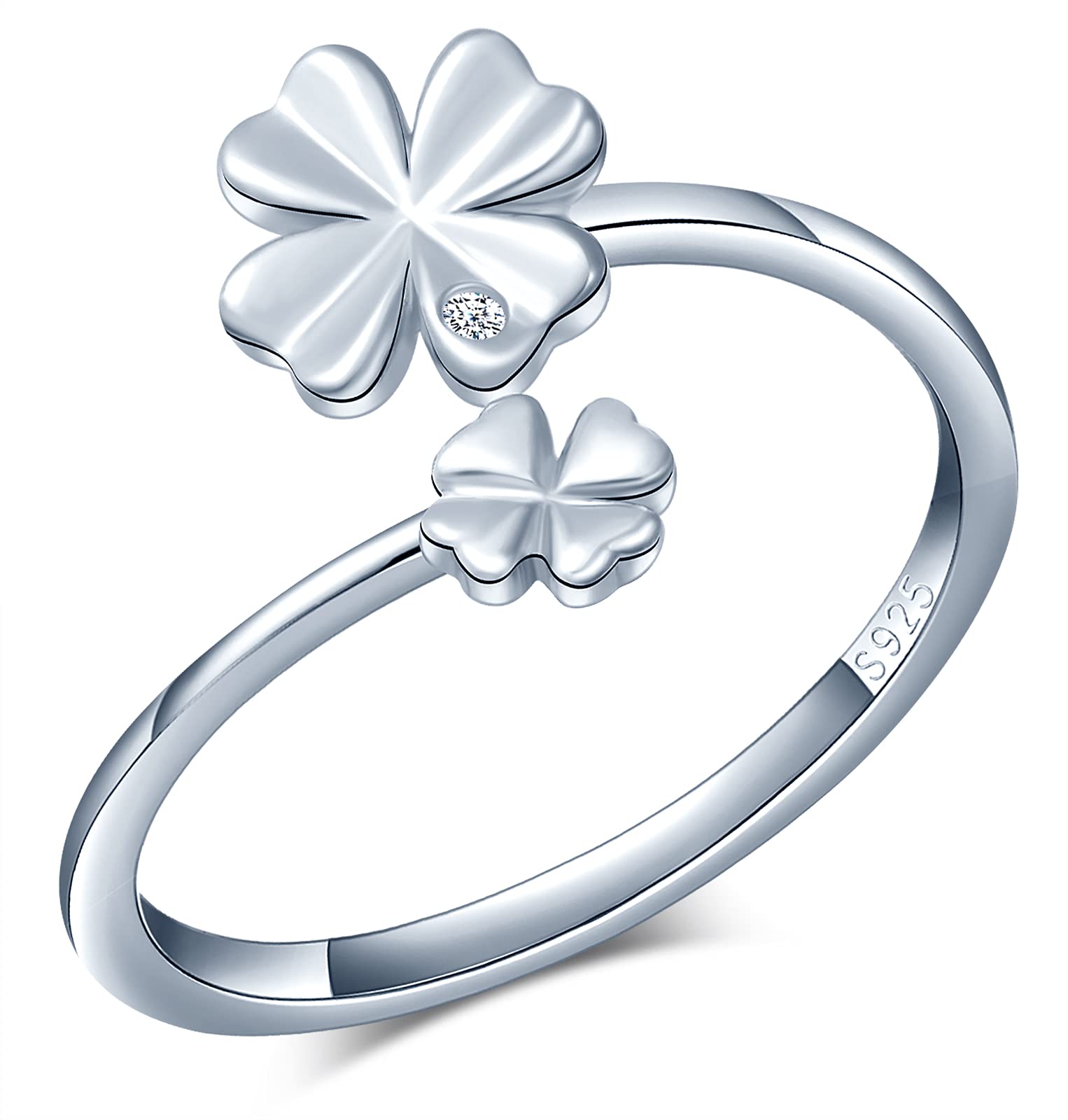 MicVivien Irish Shamrock Four Leaf Clover Open Adjustable Rings, Sterling Silver 925 Rings for Women, Lucky Rings Jewellery