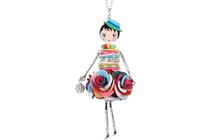 BONSNY Paris Doll Necklace Dress Handmade Pendant News Alloy Metal Crystal Flower Long Chain Fashion Jewelry
