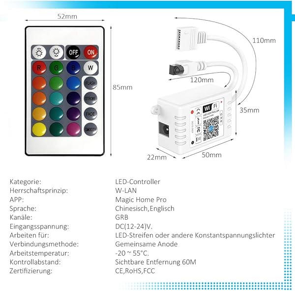 Controlador WiFi RGB LED Smart con mando a distancia de 24 teclas para tiras 5050 3528 con sonido activado 16 millones de colores 20 modos dinmicos temporizador
