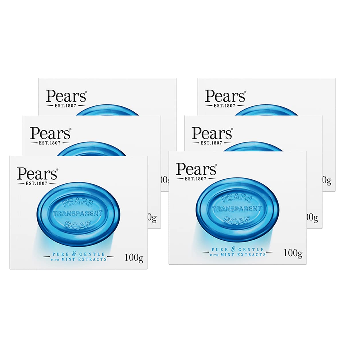 Pears Transparent Soap (100g) Pure and Gentle with Mint Extracts (Pack of 6)