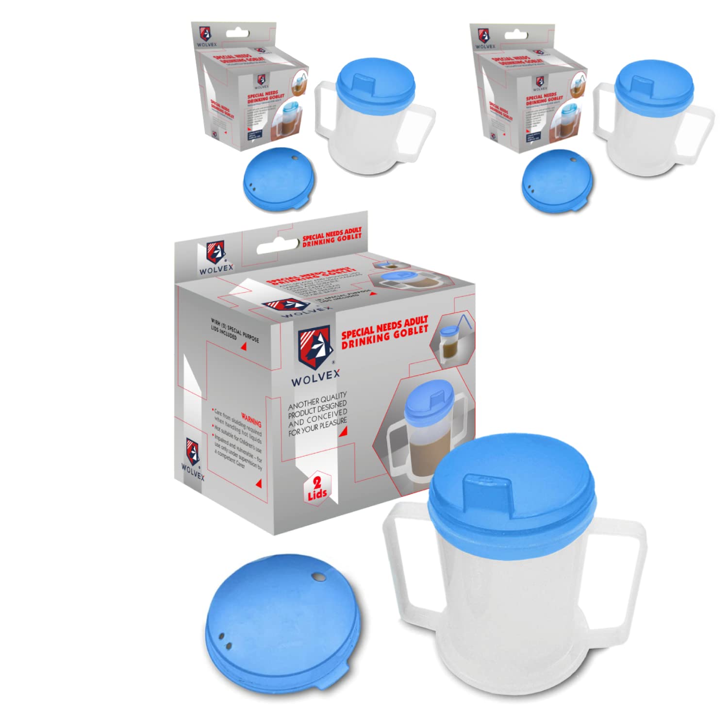 Wolvex 350ML Adult Drinking Cup Beaker with Handles & Anti Spill lids for Disabled Adults Dishwasher and Microwave Safe BPA, PVC and Latex Free (3)