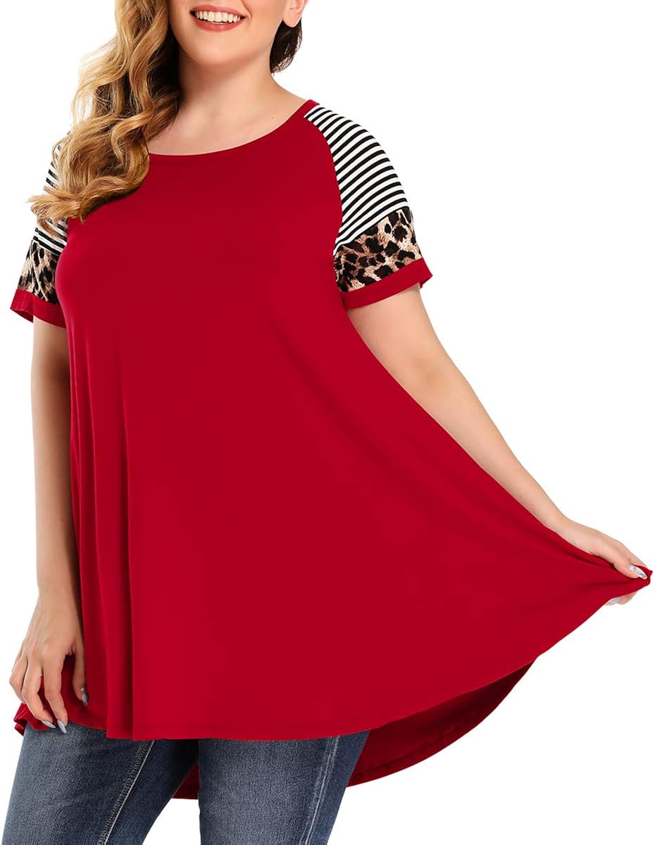 MONNURO Women's Color Block Short Sleeve Plus Size Tunic Tops Casual Loose Scoop Neck Summer T-Shirts