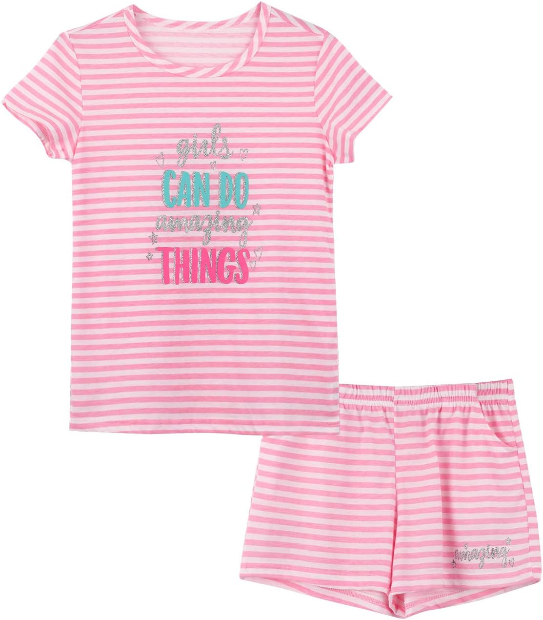 CozchiqueSummer Pajamas for Girls – Stripe & Glittering Heart PJS Pal Cute Jammies Set Big Kids Size 4T-18