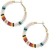 Sonateomber Handmade Boho Beaded Large Gold Huggie Hoop Earrings for Women, Statement Colorful Beads Hypoallergenic Prom Beach Holiday Jewelry Gift