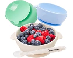Baby Bowls with Suction - 4 Piece Silicone Set with Spoon - UpwardBaby - for Babies Kids Toddlers - BPA Free - First Stage Se