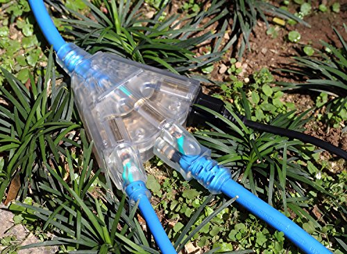 Miusco 50 ft 12 Gauge Heavy Duty Outdoor Extension Cord, 3 Prong, 12/3 SJTW, Triple Outlets, Lighted Plug, Fluorescent Blue
