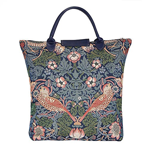 Signare Blue Floral William Morris Strawberry Thief Tapestry Fold-able Reusable Grocery Shopping Bag (FDAW-STBL)