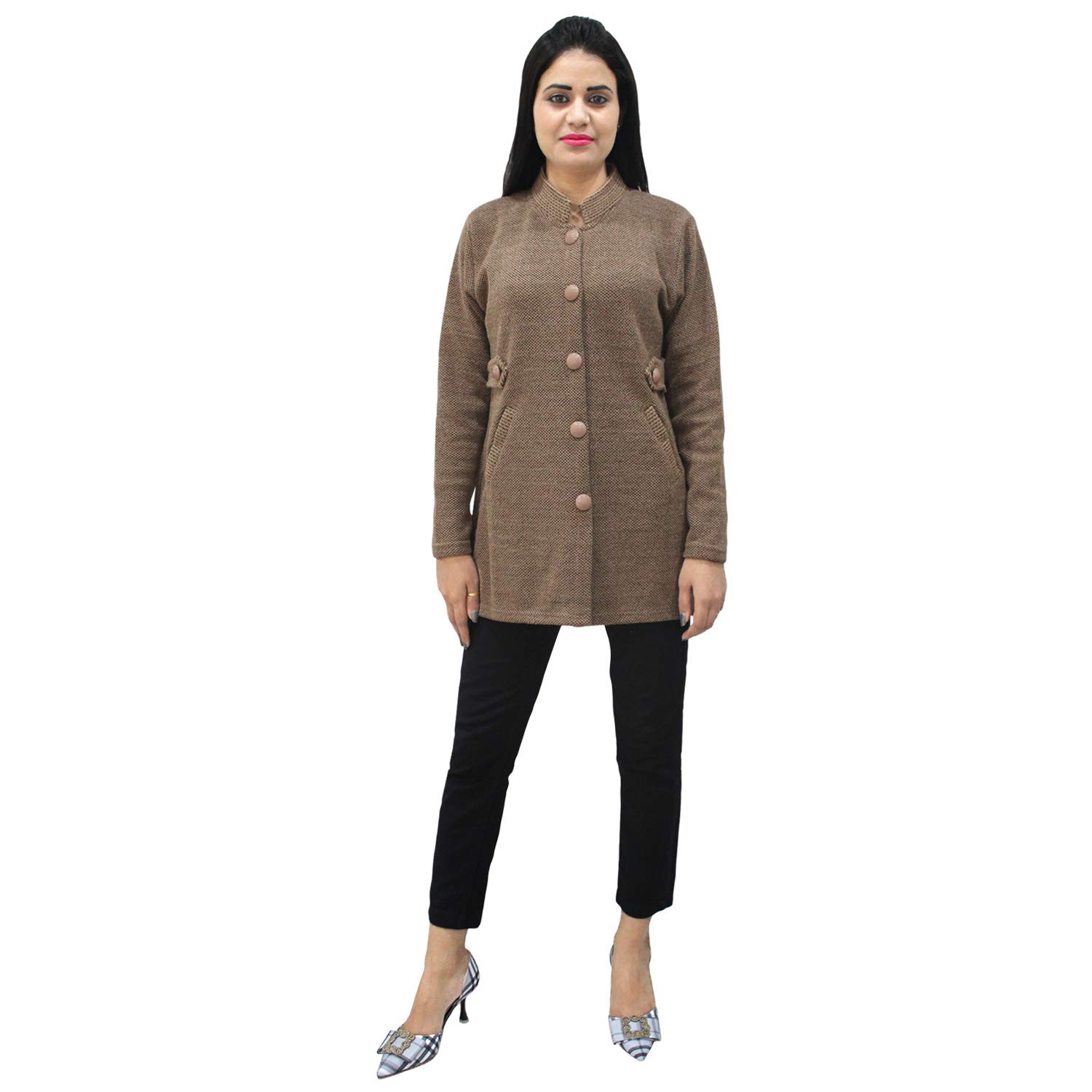 matelco womens woollen brown buttoned cardigan/coat with pockets
