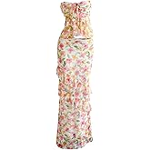 WDIRARA Women's Floral 2 Piece Skirt Outfits Strapless Bandeau Ruffle Top Maxi Skirts Set Vacation Outfits