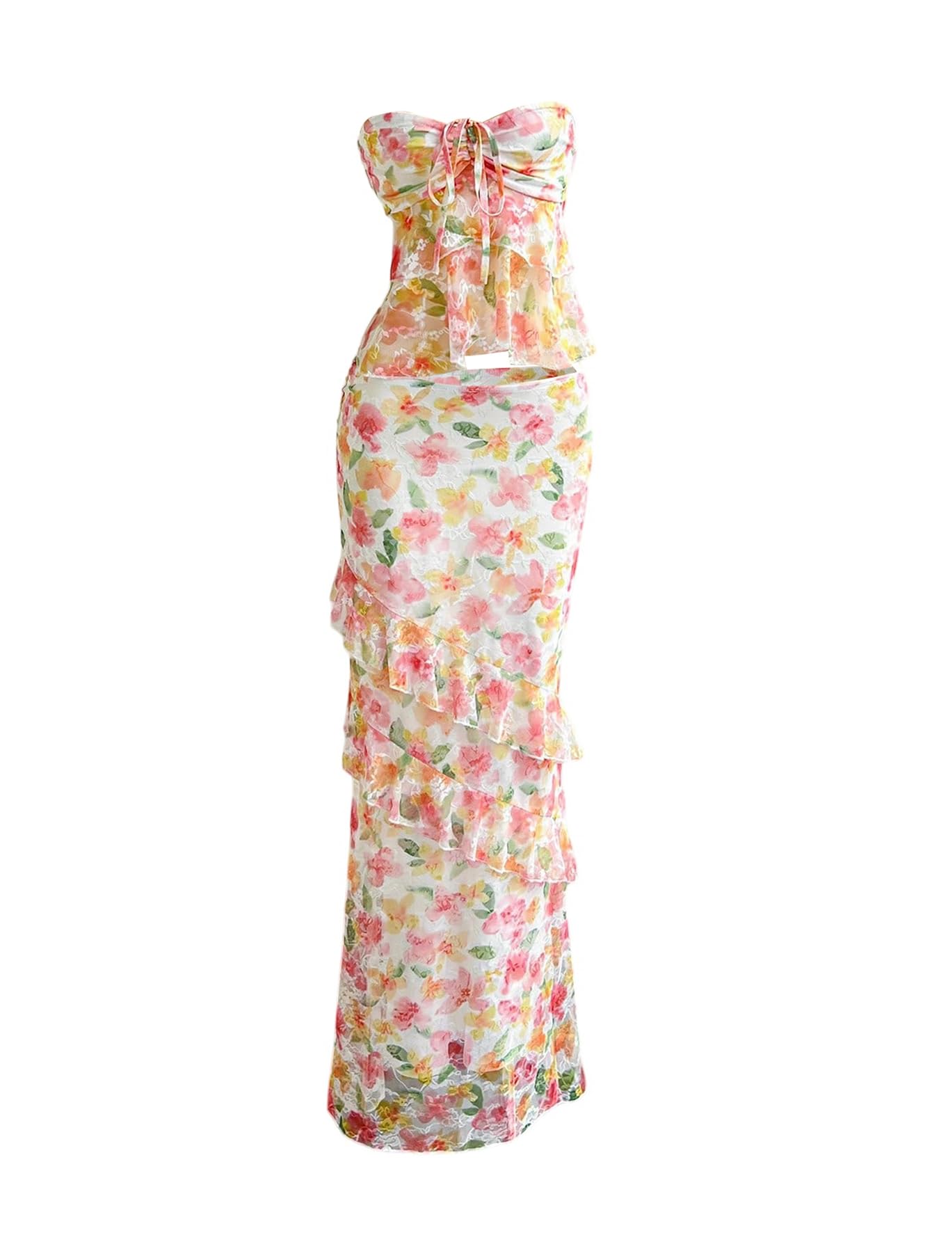 Photo 1 of WDIRARA Women's Floral 2 Piece Skirt Outfits Strapless Bandeau Ruffle Top Maxi Skirts Set Vacation Outfits Yellow X-Small